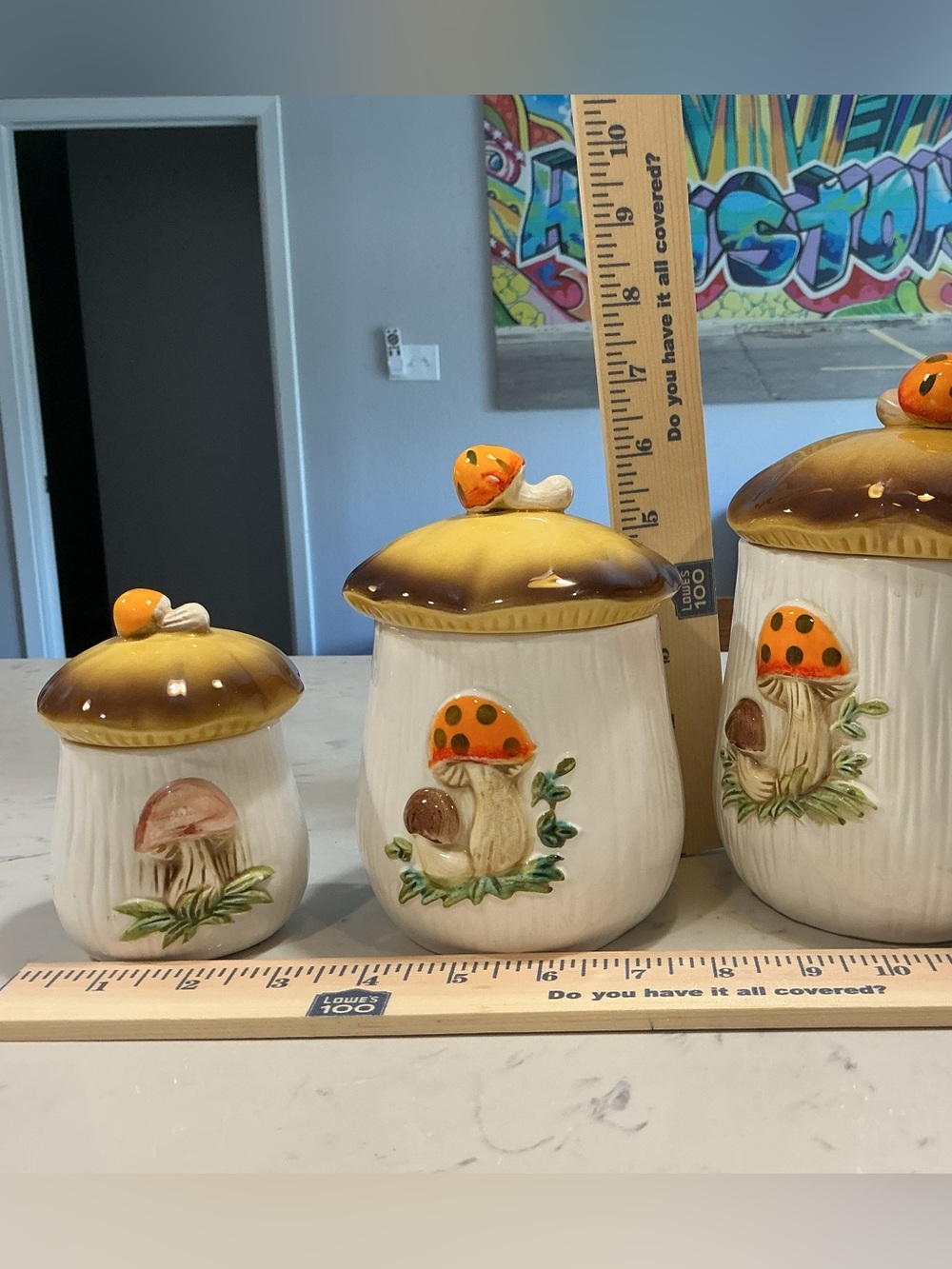 Vintage Ceramic Merry Mushroom Pattern Canister Set of 3 with Lids, Sears 1978 - Picture 6 of 11